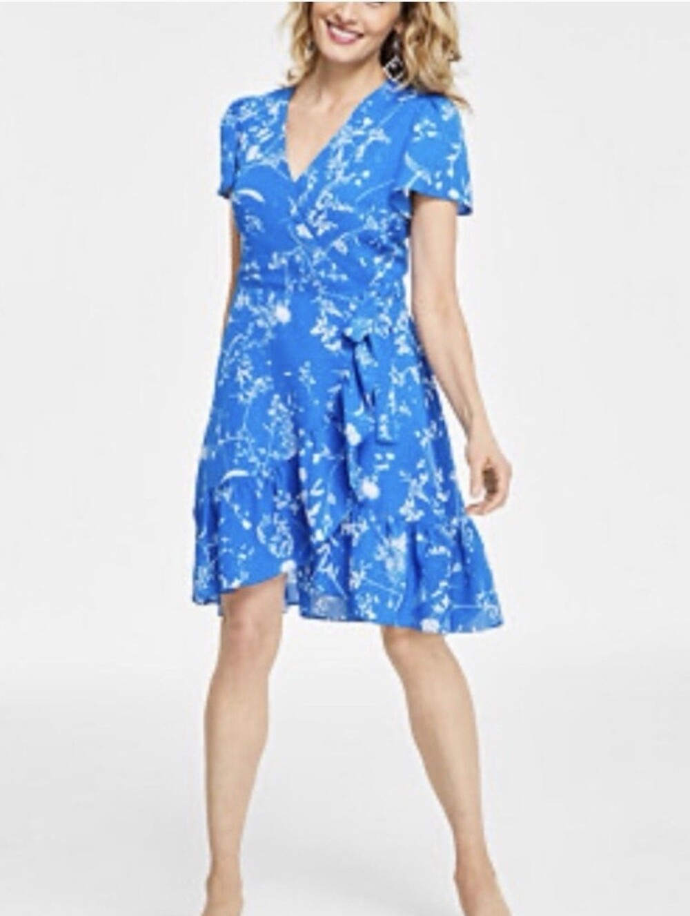 INC International Concepts Wrap Dress Ruffle Hem Flutter Sleeve Blue Floral Sz M